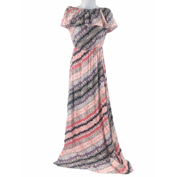 Vanity Room Women Maxi Dress Small S Pink Striped Off-the-Shoulder Ruffle - Picture 2 of 5